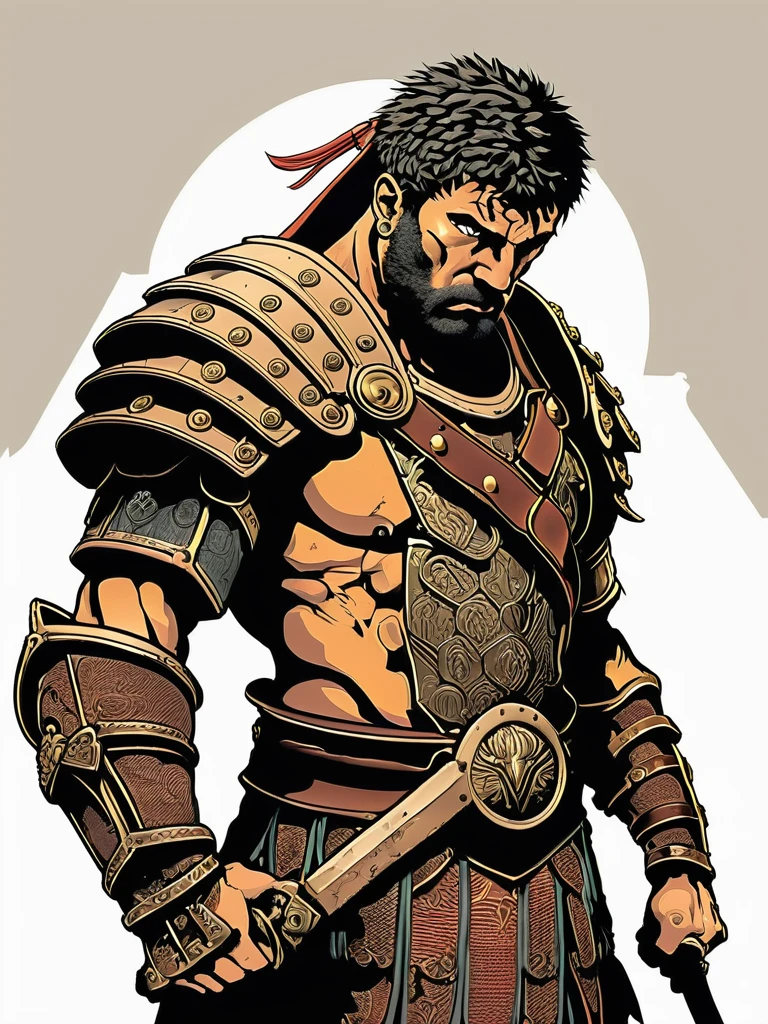 graphical anime portrait of A fierce and battle-worn gladiator, in the heart of an ancient arena:1.4, with scars that tell tales:1.4, holding a weapon of destruction:1.4, a determined expression:1.4, and a longing for freedom:1.4. , 