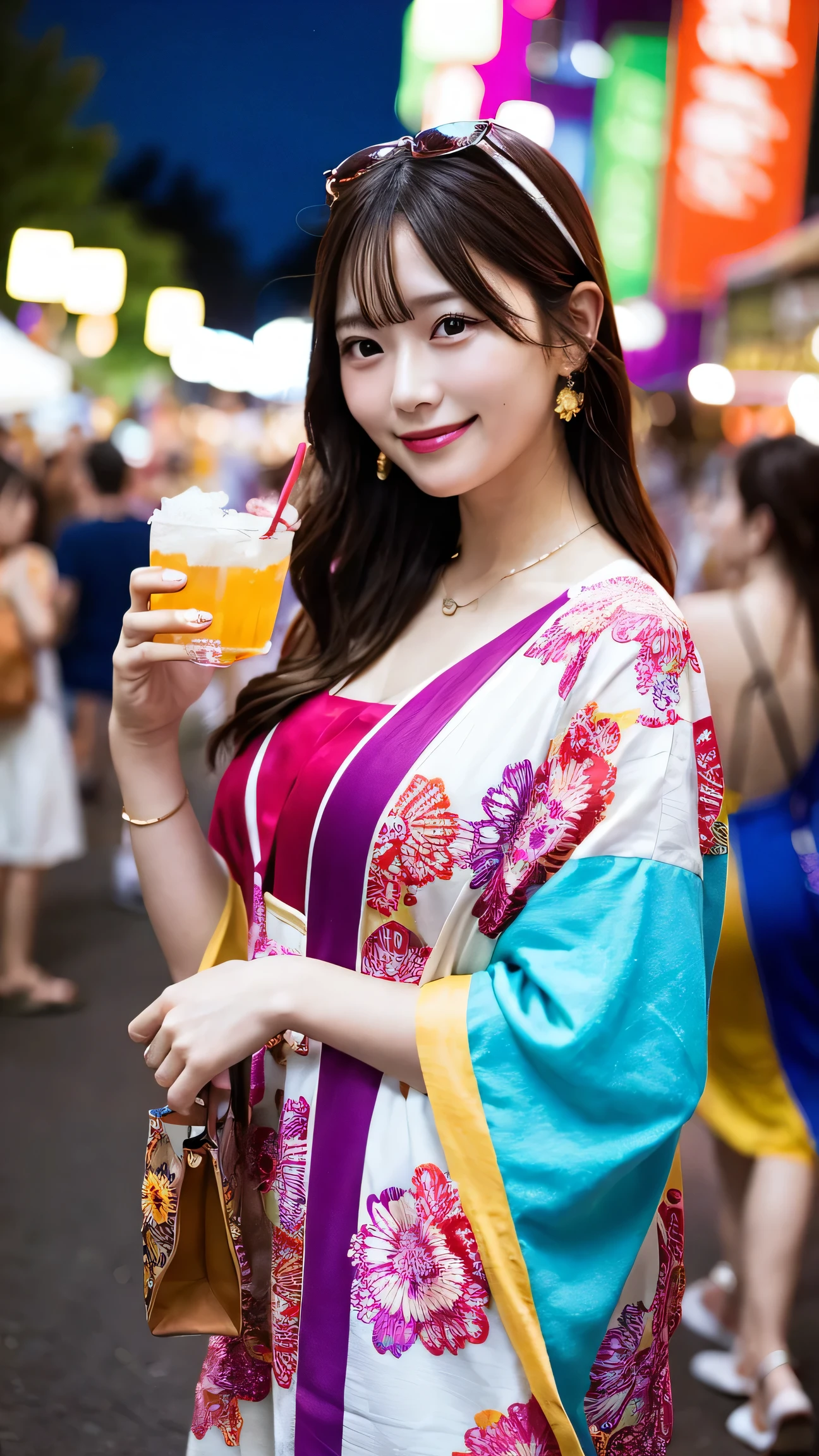 masterpiece, best quality, 1 beautiful woman, festival outfit, vibrant colors, happy expression, holding a drink, summer festival, night lights