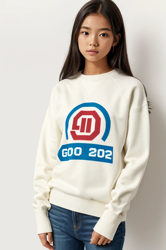 1girl,sweater,white background,The shirt has the logo "Ai Good 2024" on it.