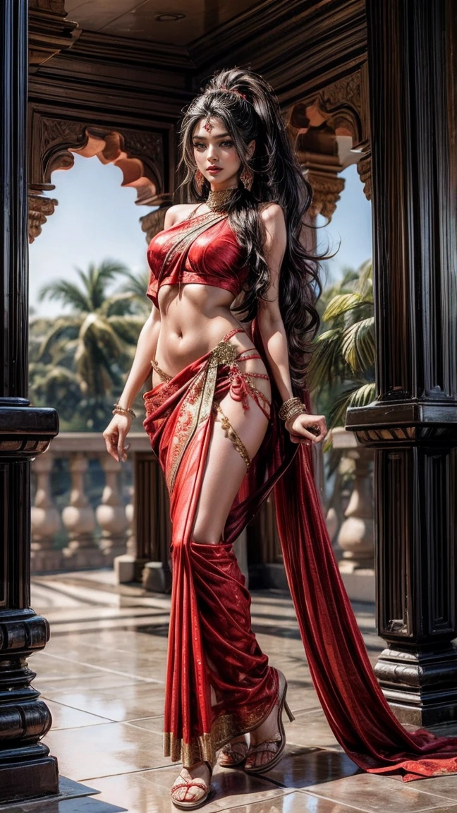 Sexy hot indian girl,sexy eyes,sexy nose,sexy red lips,sexy long hair ponytail,sexy slim figure hot body,sexy long legs,sexy navel body,in sexy south indian saree,full body view 