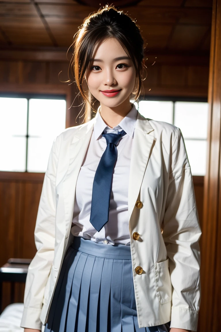 masterpiece, Highest quality, Very detailed, One girl, Alice, White jacket, White shirt, Blue tie, Pleated skirt, Hello, indoor, smile