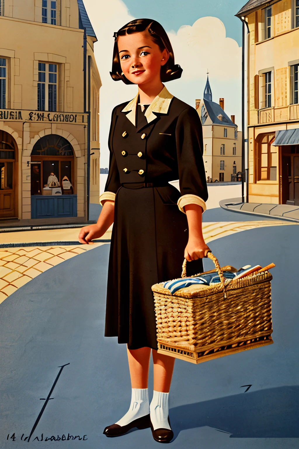 Saint-Malo, 1942. Flat-lay. A young ((((14-year-old)) Marie-Laure LeBlanc)), freckles, with a basket full of bread, ((((clothings from the 1940s)))), ((dark hairstyle of the 1940s))