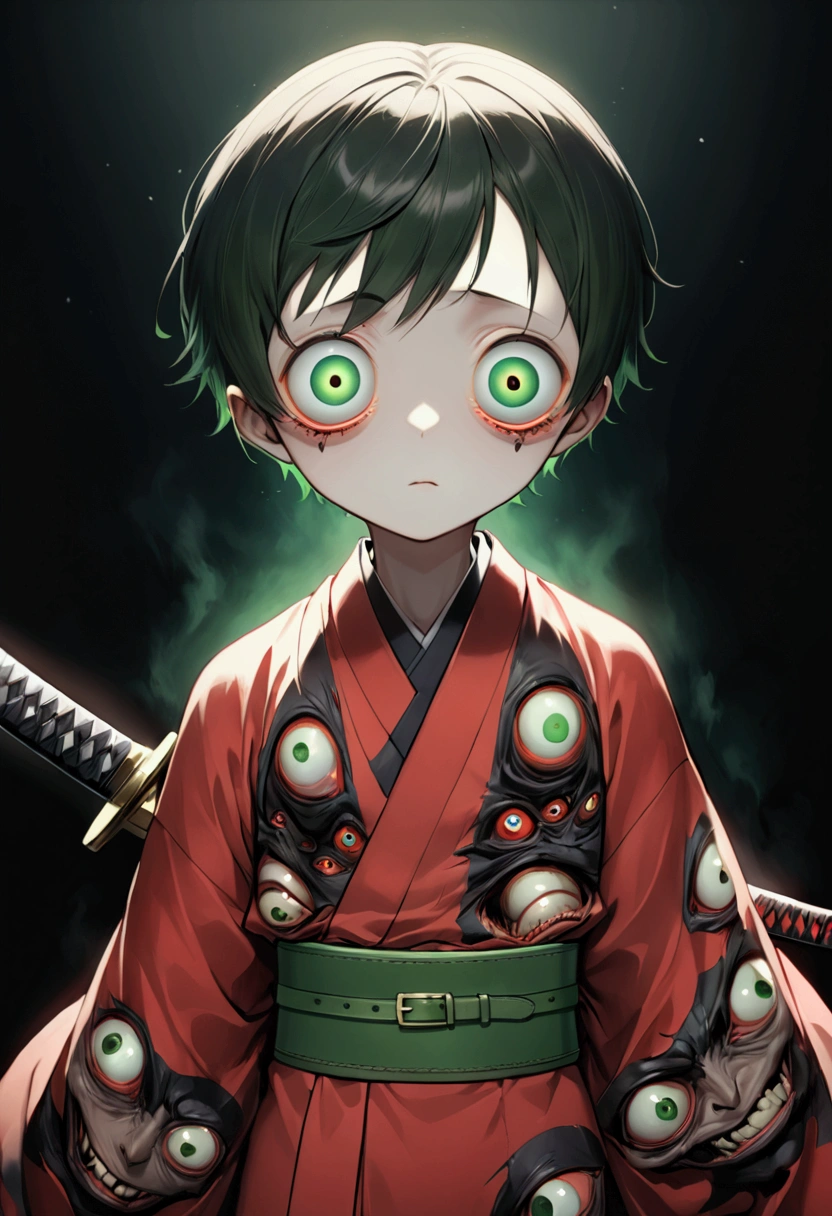 Japanese Anime，Second Dimension，Horror style，horror character，(((Three-eyed boy，Vertical Eye.))),(((Gorgeous Japanese red kimono，Eye pattern，Dark Pattern))).(((Thin waist，Green belt：1.6))).(((Samurai sword)))，Black background blur
