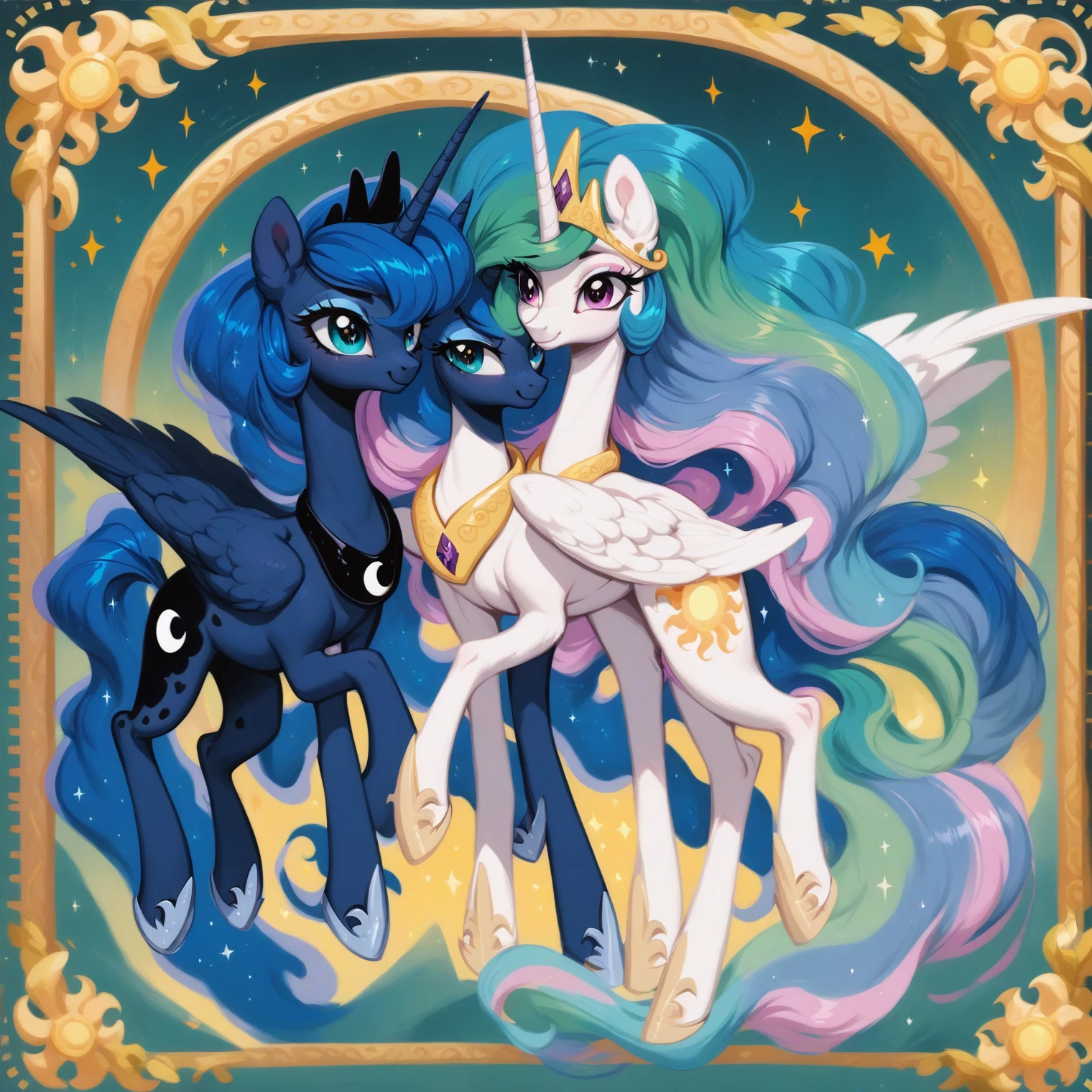 score_9, score_8_up, score_7_up, score_6_up, score_5_up, score_4_up, rating_safe, feral pony, princess luna and Celestia, fluffy ears, smile, beautiful, pretty, eyeshadow, starry eyes, long mane，only 4 legs