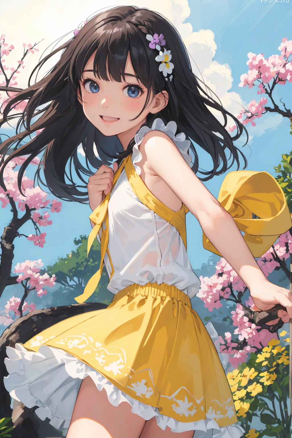 Affordable design, Clear lines, High Sharpness, (Highest quality,8k,Perfect sharpness,Ultra fine,High resolution,masterpiece:1.2), Perfect Anatomy:1.5, Official Art, Illustrations that tell a story, (Whitish background:0. 9)、Body Positivity、多Mr.な身体表現、(Random and energetic poses)、Perfect beauty、Perfect beautiful face、Strong winds、A rich expression、Dynamic composition、smile、Golden ratio composition、colorful、((Mr.々Different angles and perspectives))、Anime Art、(Mini dress)、(Overcoming stereotypes)、 Glowing Skin、(Natural beauty)、smile、Bangs、(Soft and flowing hair)、(countryside)、(Nostalgic atmosphere)、Put it up to your thighs、(Playful and carefree)、(多Mr.な民族のキャラクター)、(innocent attitude)、(Sunny atmosphere)、(The skirt flutters wildly in the wind)、(Bright colors)、Beautiful Eyes、(Embarrassing)、Braided Hair、Summer Scene、Smiling among flowers、Fashion magazine cover、Side angle、Angle from below、