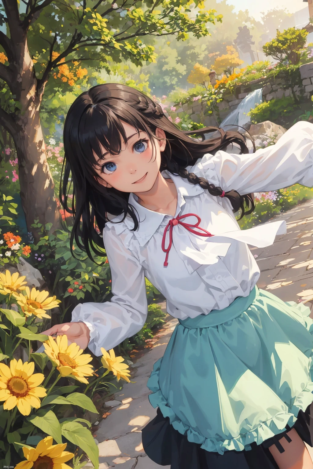 Affordable design, Clear lines, High Sharpness, (Highest quality,8k,Perfect sharpness,Ultra fine,High resolution,masterpiece:1.2), Perfect Anatomy:1.5, Official Art, Illustrations that tell a story, (Whitish background:0. 9）、Body Positivity、多Mr.な身体表現、（Random and energetic poses）、Perfect beauty、Perfect beautiful face、Strong winds、A rich expression、Dynamic composition、smile、Golden ratio composition、colorful、（(Mr.々Different angles and perspectives)）、Anime Art、(Mini dress)、（Overcoming stereotypes）、 Glowing Skin、（Natural beauty）、smile、Bangs、（Soft and flowing hair）、（countryside）、（Nostalgic atmosphere）、Put it up to your thighs、（Playful and carefree）、（多Mr.な民族のキャラクター）、（innocent attitude）、（Sunny atmosphere）、(The skirt flutters wildly in the wind)、（Bright colors）、Beautiful Eyes、(Embarrassing)、Braided Hair、Summer Scene、Smiling among flowers、Fashion magazine cover、Side angle、Angle from below、