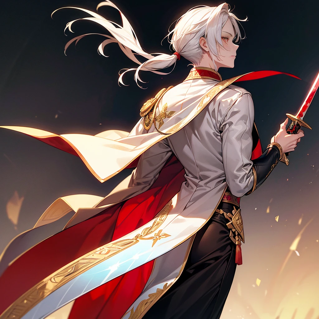 Short hair handsome guy,White hair,With pigtails,Carrying a sword inlaid with golden gems,Holding a knife inlaid with blood red ruby,Red and gold eyes,Red is blood red,Don’t use too many background colors,Highlight the sacred and,Simple character clothing,Back side facing out,Expose the side face,Knife across the back,Reveal the complete blade,and before the back,one person,Male surname,Pictures can be used as avatars