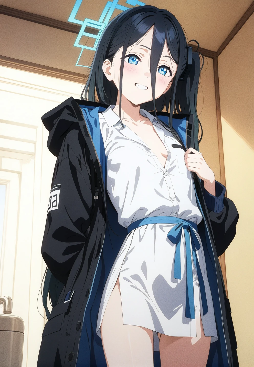 best quality, amazing quality, very aesthetic, absurdres, (1girl, aris (blue archive), blue archive, blue eyes, black hair, small breasts), (realistic face:0.9),(robe:1.8), (grin, blush, thigh:1.3), (cowboy shot), (glowing eyes), (half closed eyes:0.9), (open robe), (official art:1.3), (bathroom), expressive eyes, perfect face, 4k, extremely detailed anime illustration, extremely detailed eyes, perfect anatomy, light rays, extremely delicate body, smooth skin, (simple background:1.5), clear eyes, beautiful face, small breasts,(anime style:1.7), (Warm Light:1.5), (highres:2),
