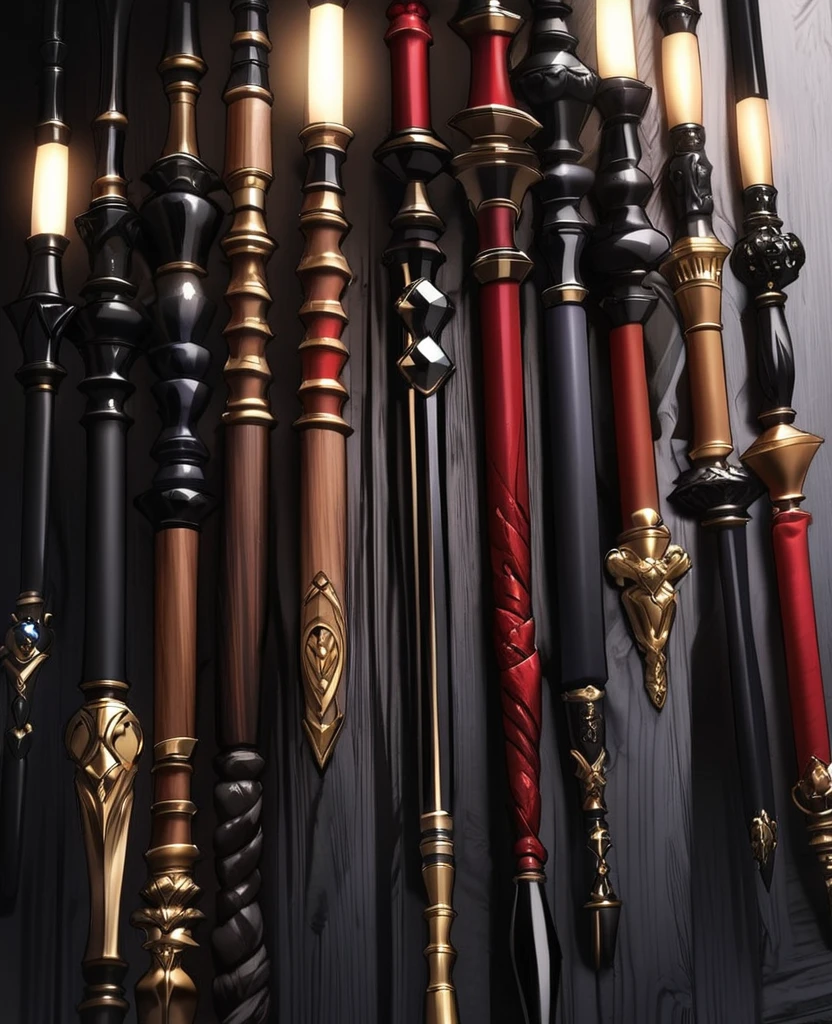 (Harry potter style wands) (black ebony wood,sapphire inbedded into handle)  (black ebony wood,Ruby inbedded into handle) (red wood,with a gold handle) (light brown wood,with a sliver handle)