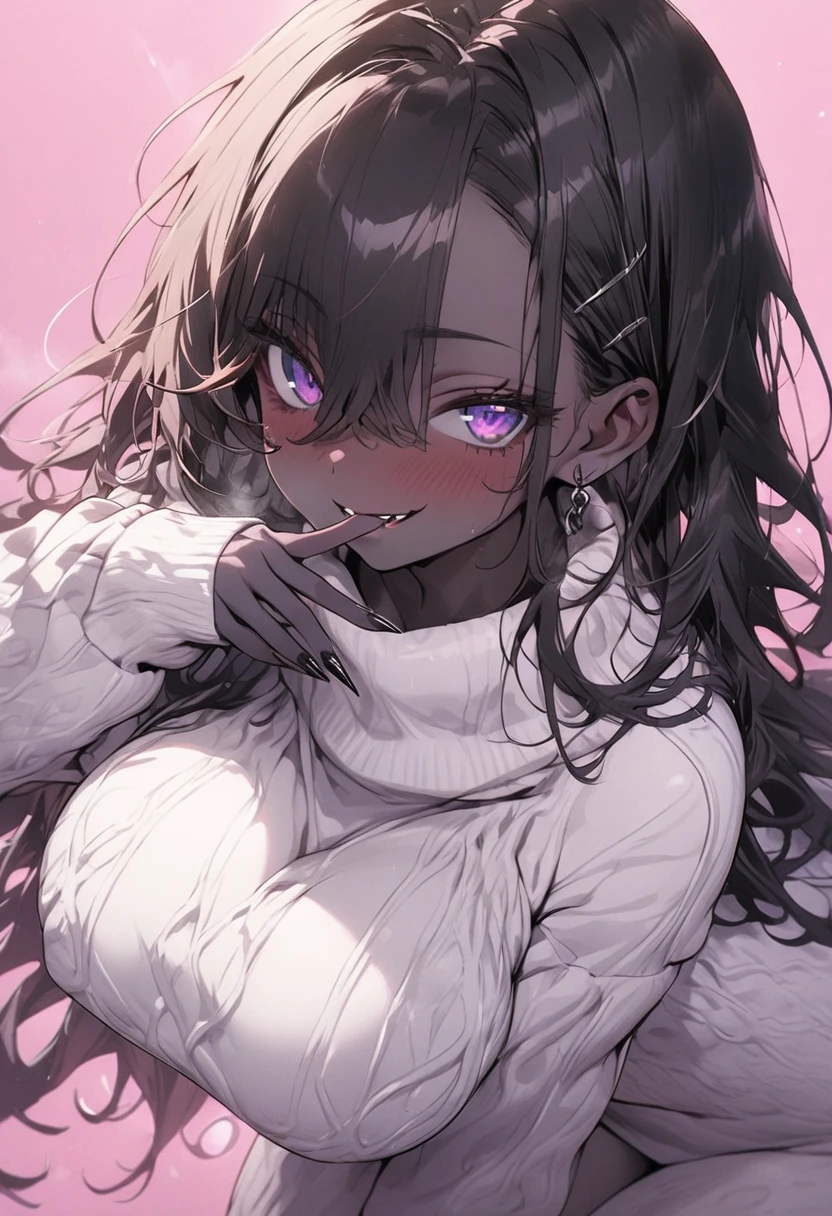 beautiful, (masterpiece:1.2), (best quality:1.2), perfect eyes, perfect face, perfect lighting, 1girl, look at the viewer, (ahegao:0.5), sexy pose、brown、black skin、body muscles、(full shot)、((gal fashion))、oversized sweater with big cleavage, sexy dress , tanned skin , purple eyes, dark blue colour heir, sexy body, black nailpolish, showing her long finger nails to the viewers , pink background, long finger nails ,