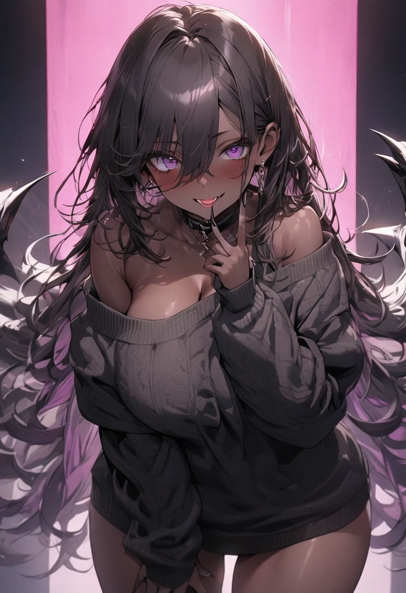 beautiful, (masterpiece:1.2), (best quality:1.2), perfect eyes, perfect face, perfect lighting, 1girl, look at the viewer, (ahegao:0.5), sexy pose、brown、black skin、body muscles、(full shot)、((gal fashion))、oversized sweater with big cleavage, sexy dress , tanned skin , purple eyes, dark blue colour heir, sexy body, black nailpolish, showing her long finger nails to the viewers , pink background, long finger nails ,
