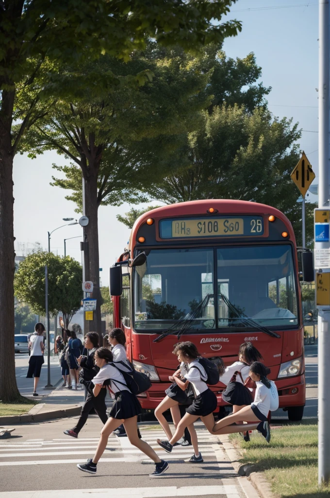 A bus was stopped at a bus stop, but it left and high school students chased after it.