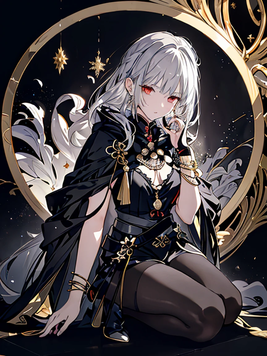 8k,High resolution RAW color art, Anime Art,Silver Marble Skin, (((Highly detailed elegant))), Detailed skin, texture,(Exquisitely crafted, The finer details, Ultra-detailed art), (((1 girl))), Depth of written boundary, Silky Touch, Hyper Detail, (((Cool face))), eye shadow、Armed women, Beautiful detailed red eyes, Beautiful lip detail, Highly detailed face, Delicate depiction of hair and eyes, Detailed Fashion, Golden Earrings,Full body depiction, Black half top、Bare waist、Black shorts、Waist Cloak、black tights、Golden decoration, Light gray hair, Golden bracelet, Straight Hair、(((Hair)))、moonlight、Calm background、(((Black theme)))、Snowflake background、Side view、Kneeling、Less exposure