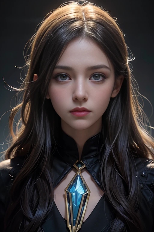 Hyperrealist Female Portrait by David Hockney and Alphonse Mucha,Fantasy art, Photorealistic, Dynamic Lighting, Art Station, Poster, Volumetric lighting, Highly detailed face, 4k yen, Awards,, One girl, In the Dark, Deep Shadow, Modest,Cowboy Shot,(Official attire:1.4) ,Long Hair,Gray Hair,
