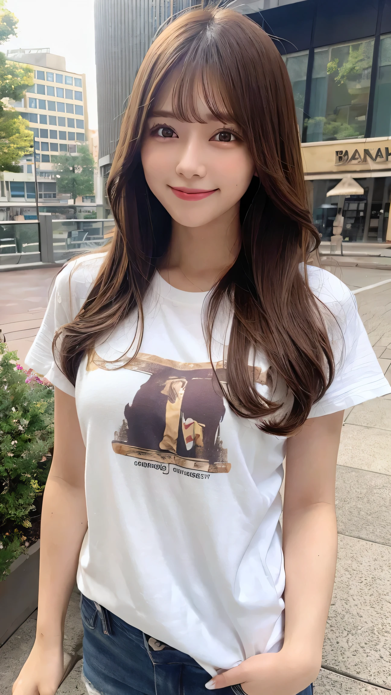 masterpiece, best quality, 1girl, casual outfit, jeans and t-shirt, smiling, long brown hair, natural light, urban background