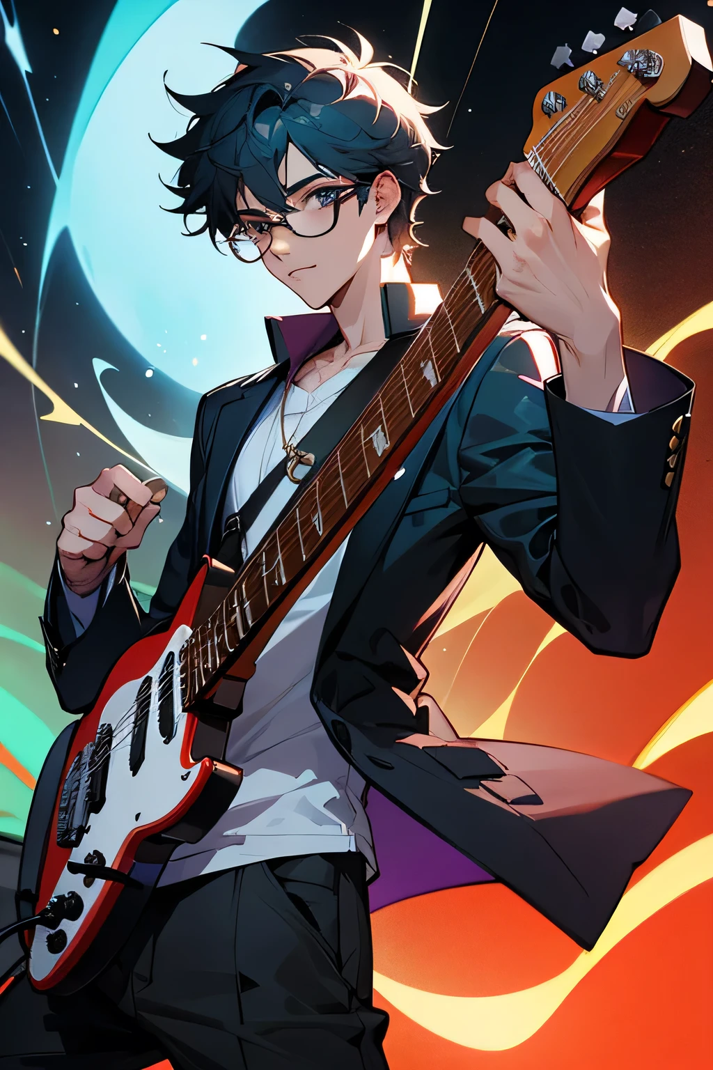 Male, poet, holding an electric guitar, handsome, 20 years old, wearing glasses.