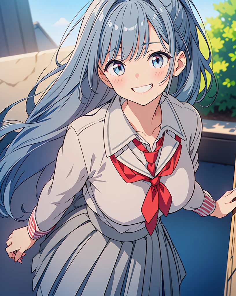 (Highest quality, 32k, High resolution, Masterpiece:1.5, ), One Girl, Cute anime-style illustrations, god々It has a brilliant and healing power., , Expressing emotions, Have a rich imagination, Cute Japanese Girls, Perfect Human Anatomy, Big light blue eyes, Motherhood and generosity, Deep Love, ((A gentle smile:1.6)), Shiny blue hair, Ponytail swaying in the wind, Asymmetrical bangs, Hair between the eyes, Transparent, soft white skin, Sharp eyebrows, Thin lashes, Natural Makeup, Cheek highlighter, Detailed and cute lips, (Grey blazer with red tie:1.2), ((Grey pleated skirt:1.2)), Slim figure with ample breasts, Beautifully detailed skies, ((Vibrant petal effect:1.2)), god秘的