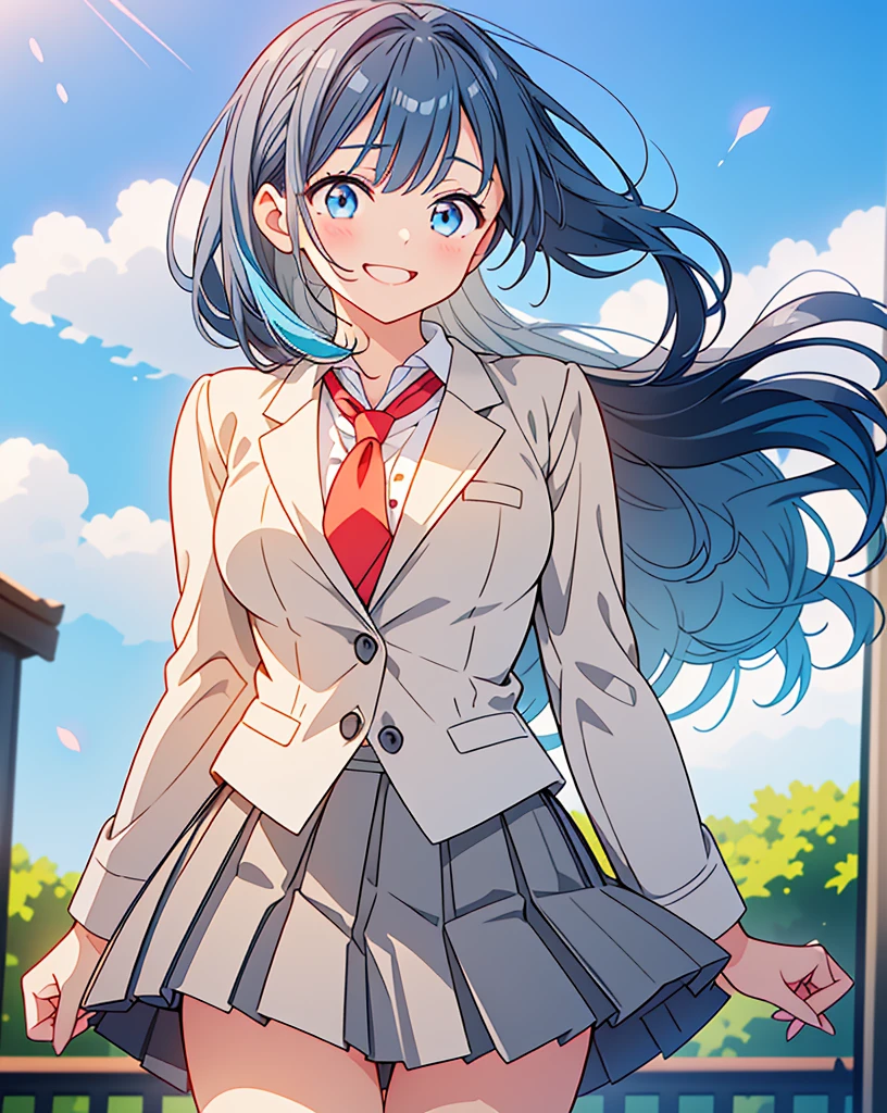 (Highest quality, 32k, High resolution, Masterpiece:1.5, ), One Girl, Cute anime-style illustrations, god々It has a brilliant and healing power., , Expressing emotions, Have a rich imagination, Cute Japanese Girls, Perfect Human Anatomy, Big light blue eyes, Motherhood and generosity, Deep Love, ((A gentle smile:1.6)), Shiny blue hair, Ponytail swaying in the wind, Asymmetrical bangs, Hair between the eyes, Transparent, soft white skin, Sharp eyebrows, Thin lashes, Natural Makeup, Cheek highlighter, Detailed and cute lips, (Grey blazer with red tie:1.2), ((Grey pleated skirt:1.2)), Slim figure with ample breasts, Beautifully detailed skies, ((Vibrant petal effect:1.2)), god秘的