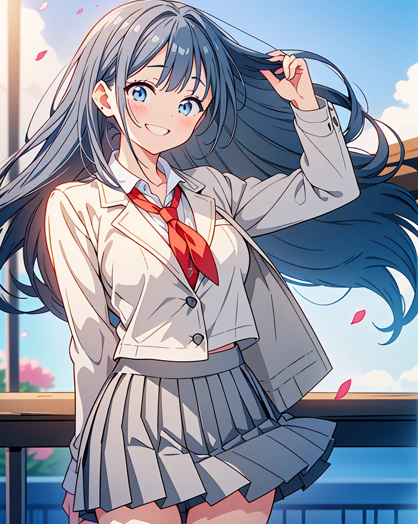 (Highest quality, 32k, High resolution, Masterpiece:1.5, ), One Girl, Cute anime-style illustrations, god々It has a brilliant and healing power., , Expressing emotions, Have a rich imagination, Cute Japanese Girls, Perfect Human Anatomy, Big light blue eyes, Motherhood and generosity, Deep Love, ((A gentle smile:1.6)), Shiny blue hair, Ponytail swaying in the wind, Asymmetrical bangs, Hair between the eyes, Transparent, soft white skin, Sharp eyebrows, Thin lashes, Natural Makeup, Cheek highlighter, Detailed and cute lips, (Grey blazer with red tie:1.2), ((Grey pleated skirt:1.2)), Slim figure with ample breasts, Beautifully detailed skies, ((Vibrant petal effect:1.2)), god秘的
