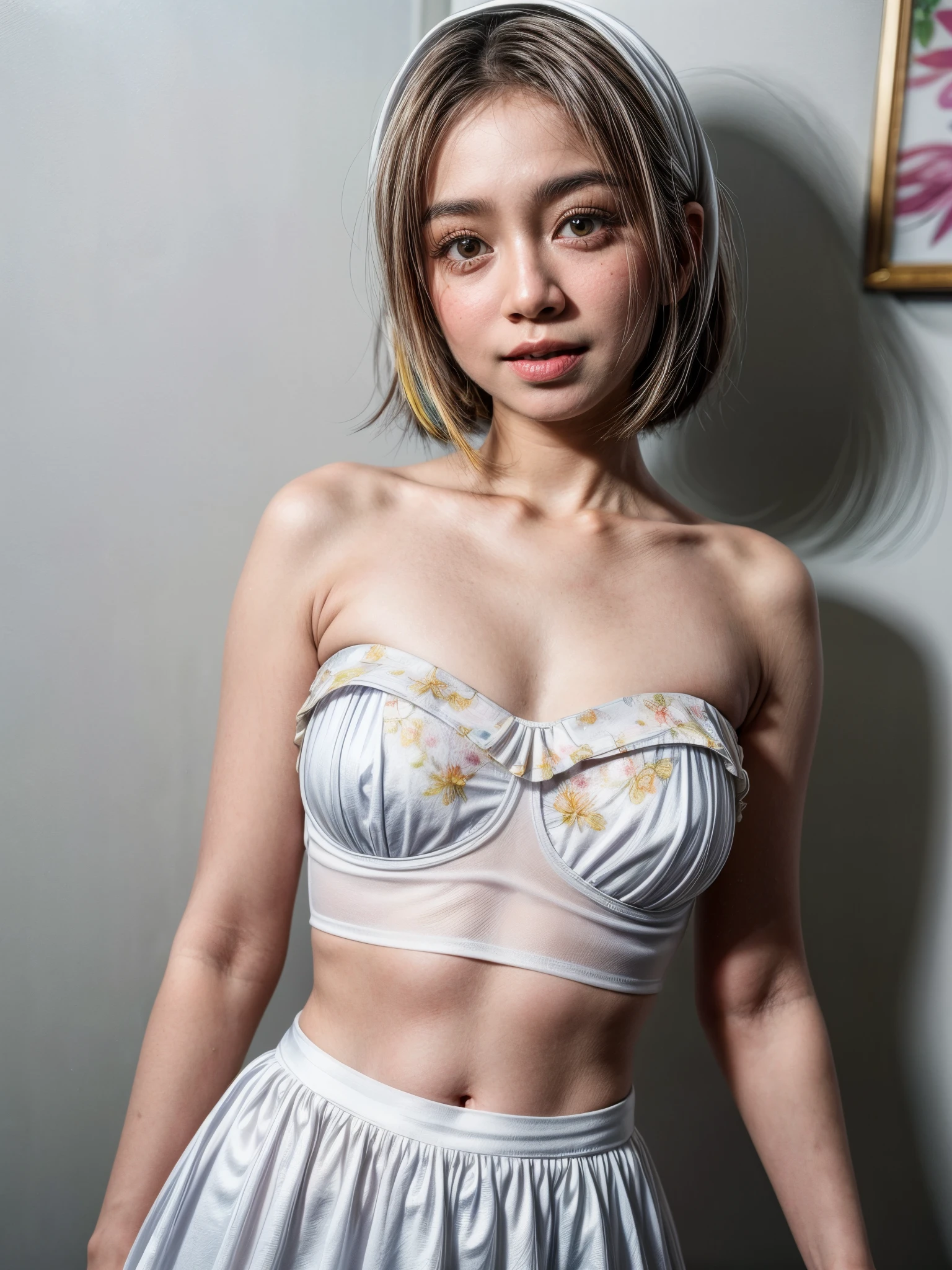 (((CUTE MALAY GIRL))), masterpiece, High quality, UHD 32K, Realistic face, Realistic skin feeling , A Japanese Lady, 8 years old, better short hair pony, Very cute and baby-like face, (MATRIX WORLD), ((look In front  at the camera and SADNESS)), (((WHITE))), (((CUTE GIRL))), ((WEARING STRAPLESS COLOURFUL BRA)) SATIN FLORAL PATTERN