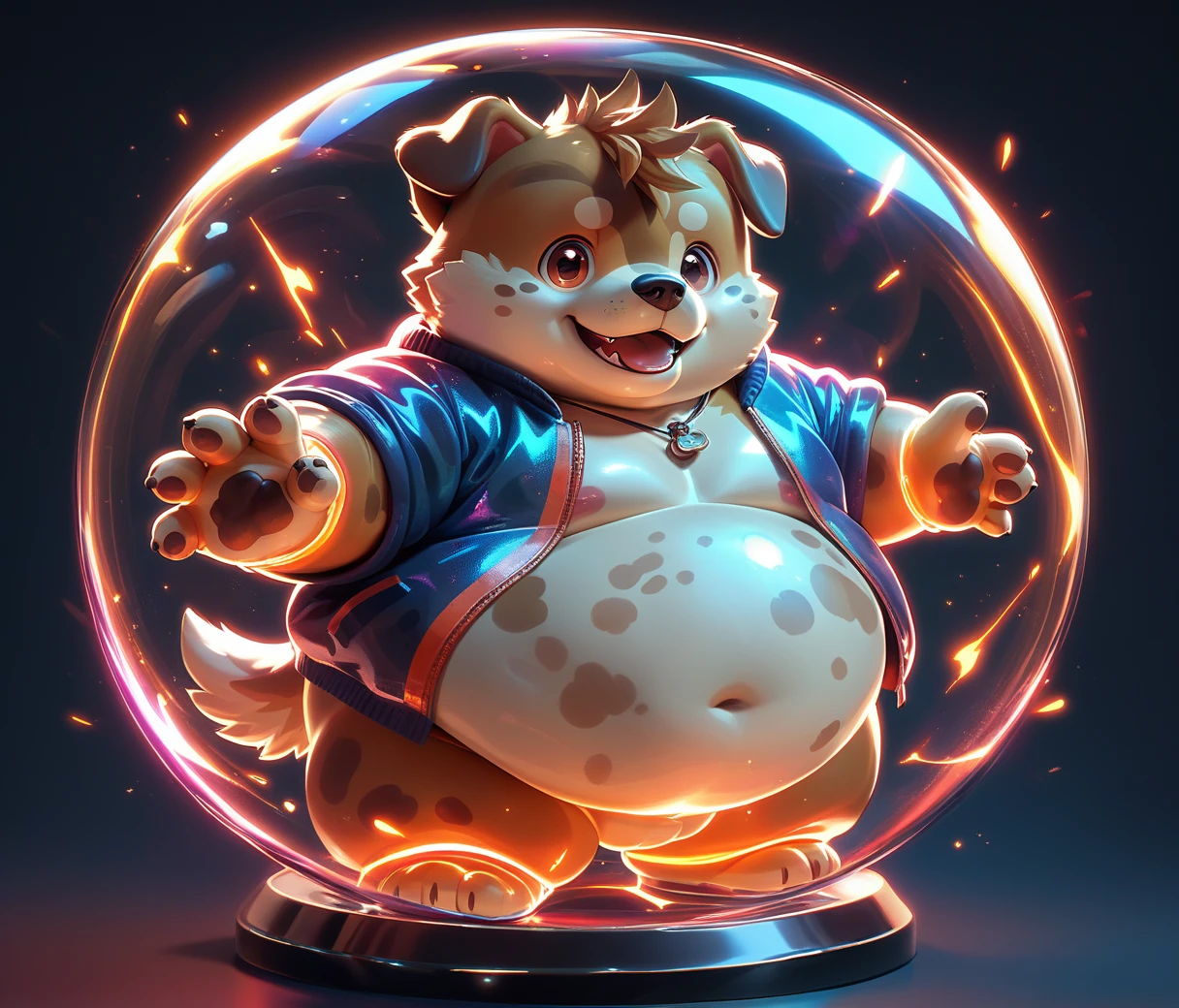 (cute, Obese, male, anthro, dog cub), glowneon, sparks, A detailed and vibrant transparent glass sculpture, in a fantastical landscape with vibrant colors and intricate details, done by artists such as Ruan Jia