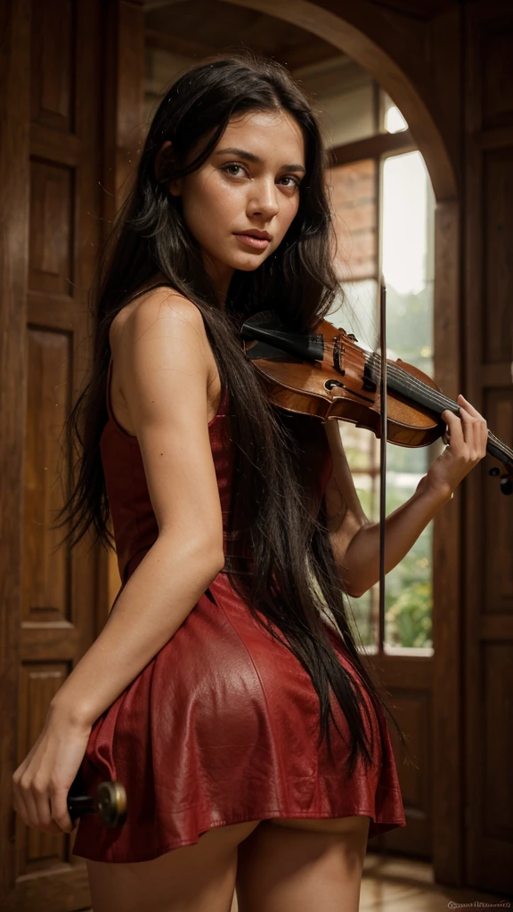 A girl with wheat skin, long black hair, wide green eyes, a well-proportioned body, round lips, wearing an attractive red dress, playing the violin with a bloody dramatic background, high resolution., High detail, Very detailed, Ultra precise, Quality leather, 
Tears, Tabarj, Red nose, crying, Heavy breathing, rear view, Multi-faceted perspective, Poetry flower, 