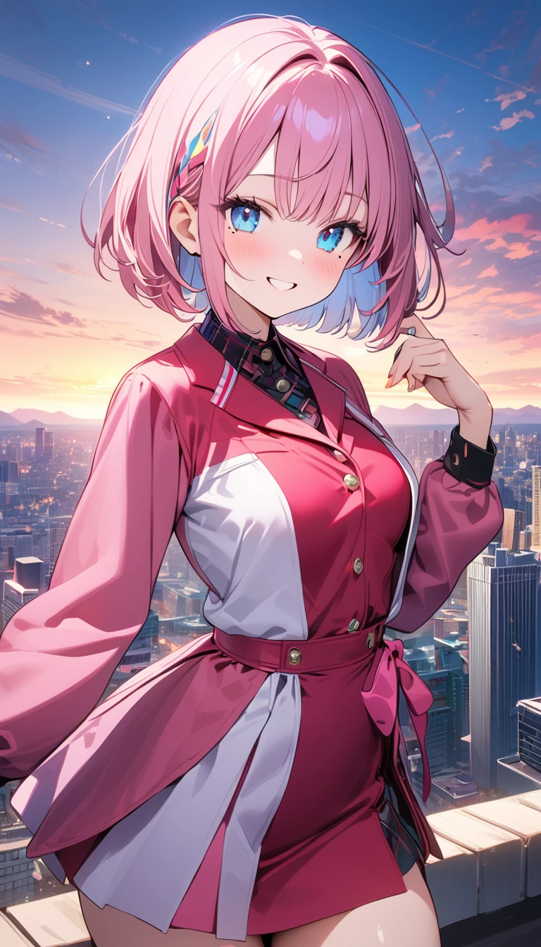 (1 girl),(Best image quality, 8K, masterpiece:1.3), (High school student:1.5), ((Pink wavehead:1.1)), (Bob Cut),(side fringe), (Lovely eyes, Black pupil, Iris sky blue, Young face), (mole under right eye), (Standard weight), (Small Breasts), (Shiny skin:1.1),(Pale skin:1.2),((maximalist fashion)),((City)),(Magnificent views),(Smile).