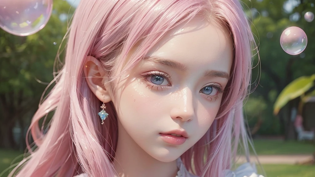 ((masterpiece)). This work is dreamy and fantastical., Soft pink watercolor shades. Generates delicate magical women exploring the bubble gum world in a variety of pastel colors. Her sweet face is extremely detailed and realistic with elegant, Mature features, Puffy, Big lips and stunning, Extremely realistic eyes. Her eyes are important、Be realistic, Very detailed, And it&#39;s beautiful. High resolution and detail, Include many details like stars, Milky Way, Colorful bubbles, Colorful petals, And a lot of energy and emotion! Stars and colorful bubblegum bubbles are important! Include fantasy details, Enhanced Details, iris, Colorful sparkling wind, And pollen. Pay special attention to her face、Make sure it&#39;s beautiful and realistic in detail。. The image is dreamy、It has to be fantastical..8k, Complex, elegant, Very detailed, Majestic, Digital photography