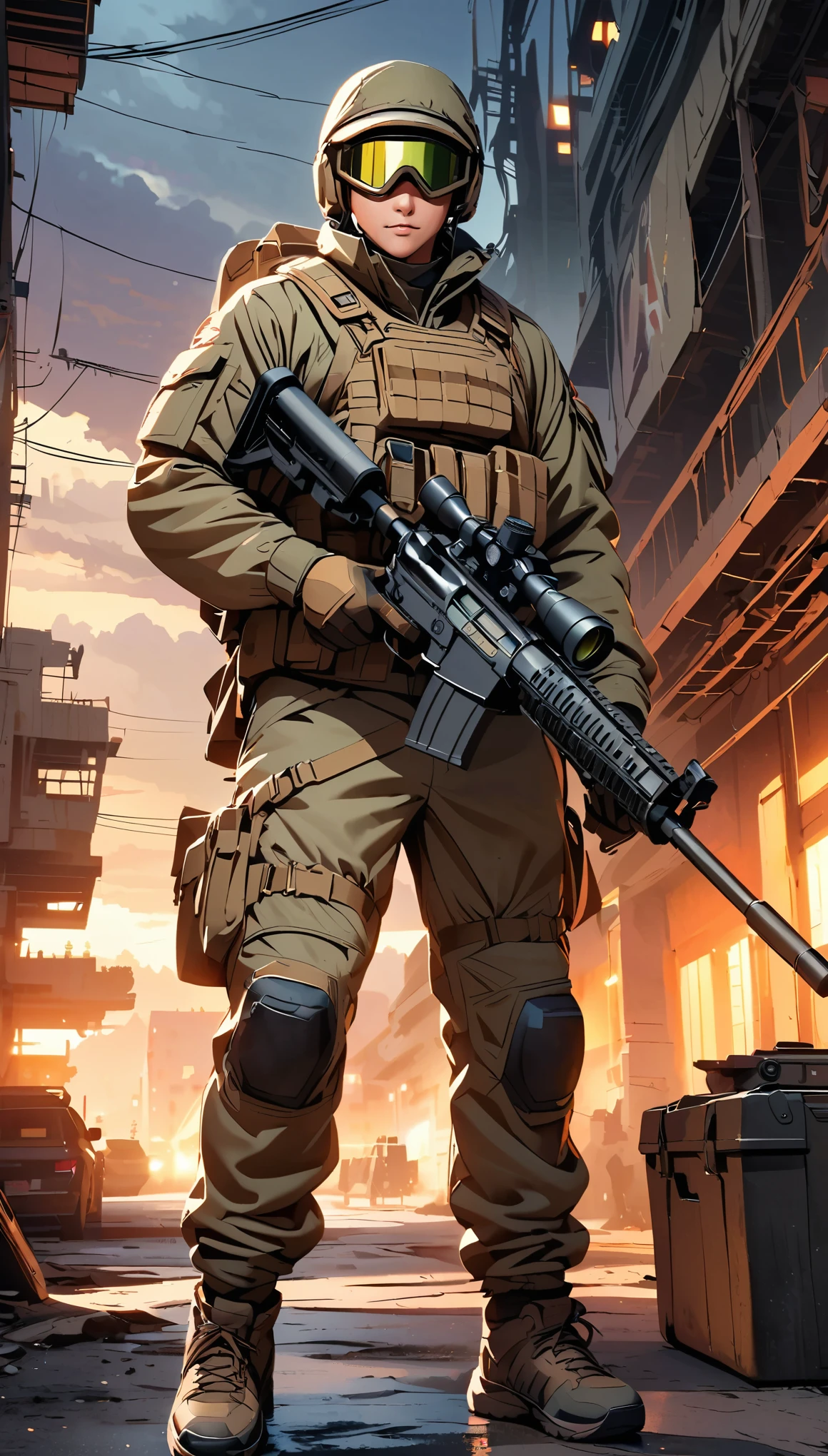 Detailed Sniper、Super detailedな狙撃兵のイラスト、1 Sniper、Sniper rifle、Night vision goggles、Camouflage、Detailed Firearms, military environment、Dark atmosphere lighting、Dramatic Shadows、Highly detailed face and eyes、Digital illustration、Cinematic composition、masterpiece、8k、Super detailed、Anime Style、Dramatic lighting、military environment、A calming color palette