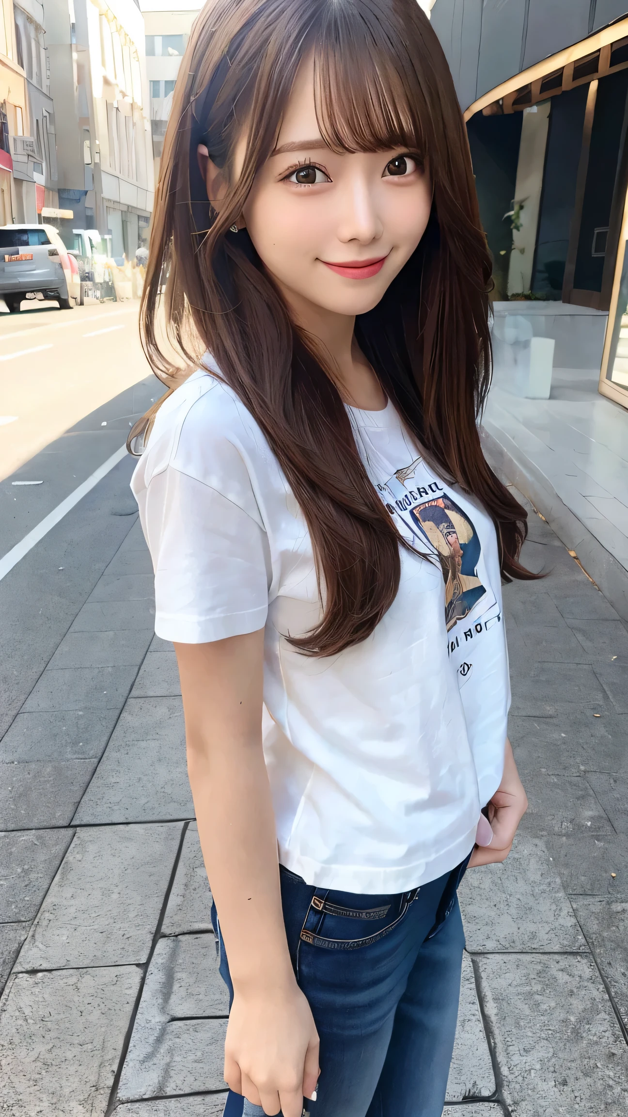masterpiece, best quality, 1girl, casual outfit, jeans and t-shirt, smiling, long brown hair, natural light, urban background