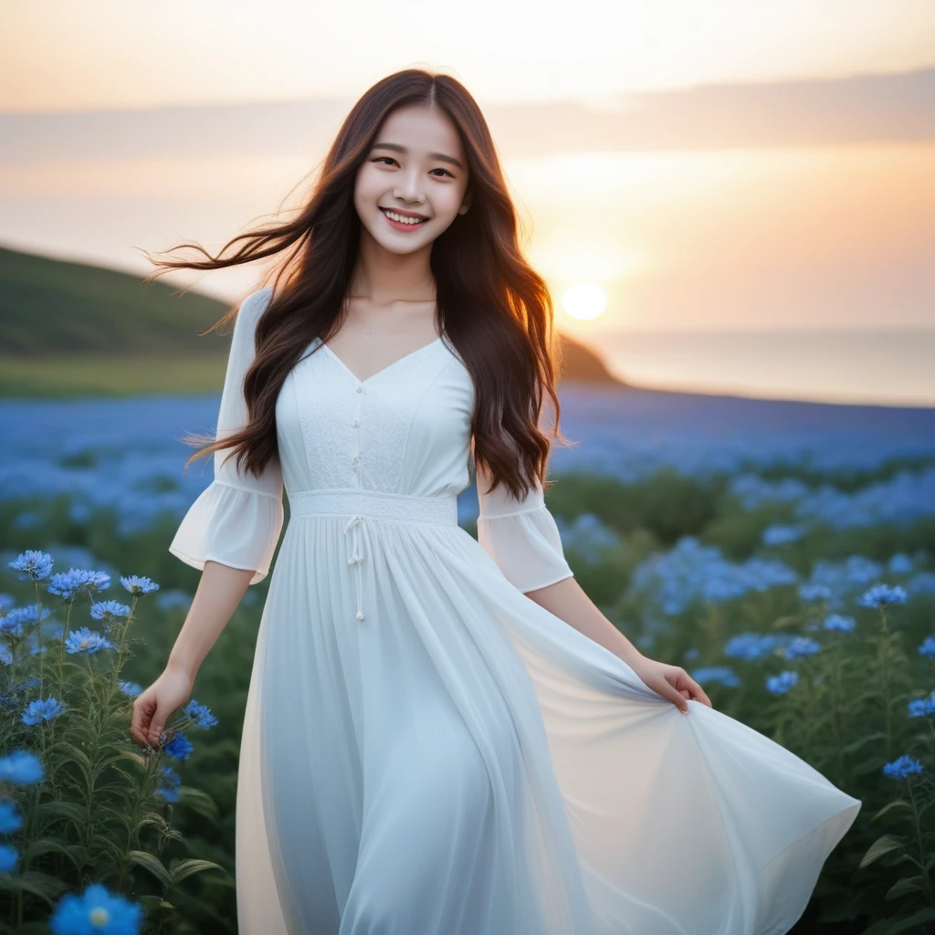 A blue flower field、woman、smile、Long hair flowing carelessly、White dress、sunset、Seaside