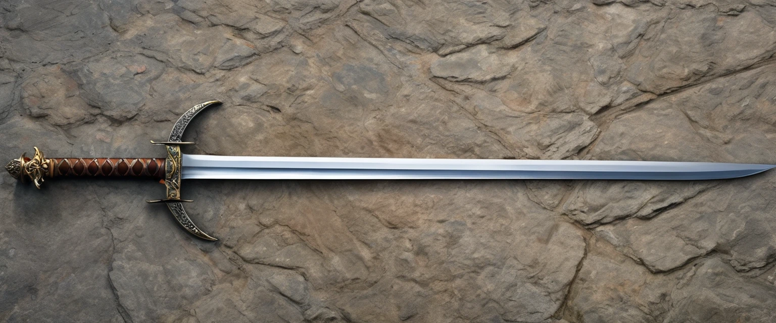 sword, simple sword, rusty sword, sword is lying on a clean stone floor, the tip of the sword is pointing to the left, symmetrical sword, straight sword, sword in european style , one-handed sword