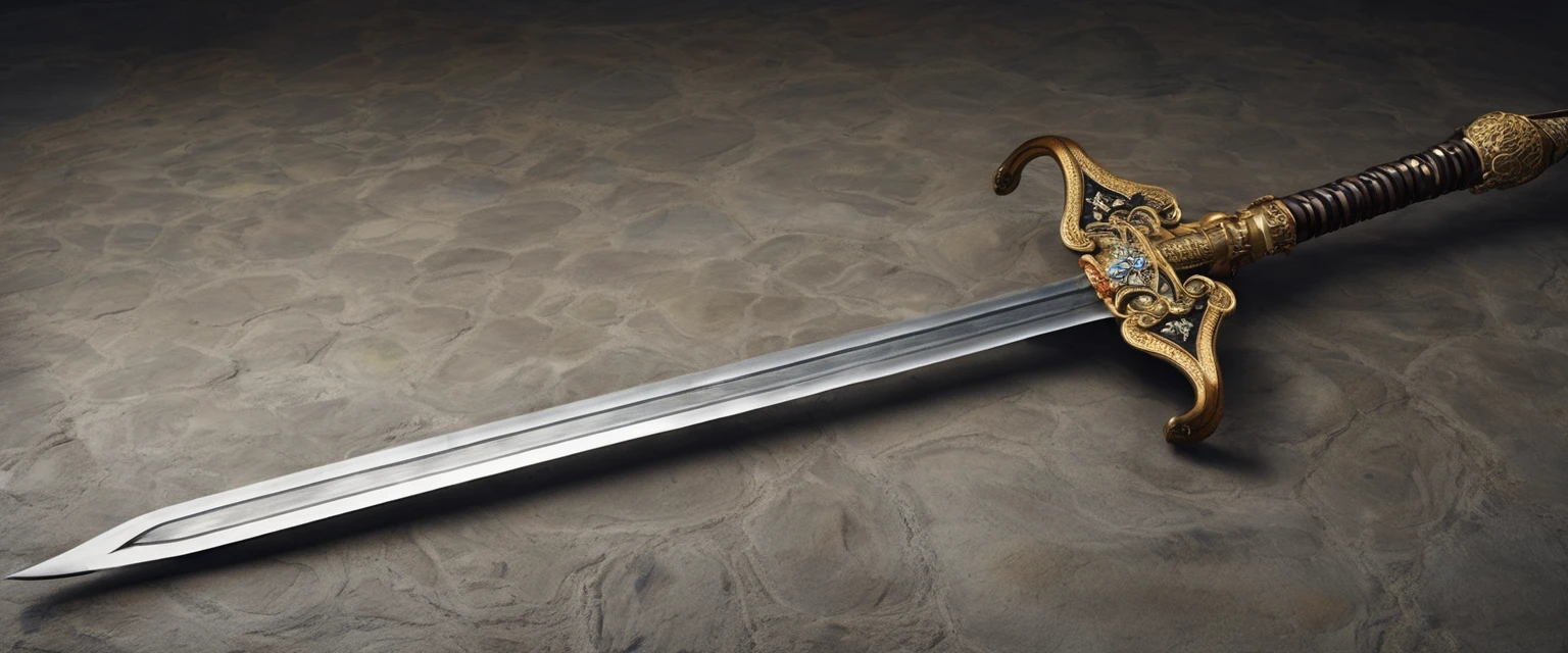 sword, simple sword, rusty sword, sword is lying on a clean stone floor, the tip of the sword is pointing to the left, symmetrical sword, straight sword, sword in european style , one-handed sword