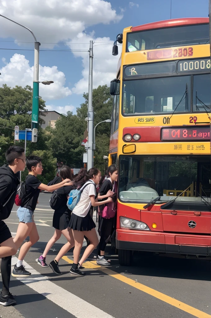 A bus was stopped at a bus stop, but it left and high school students chased after it.