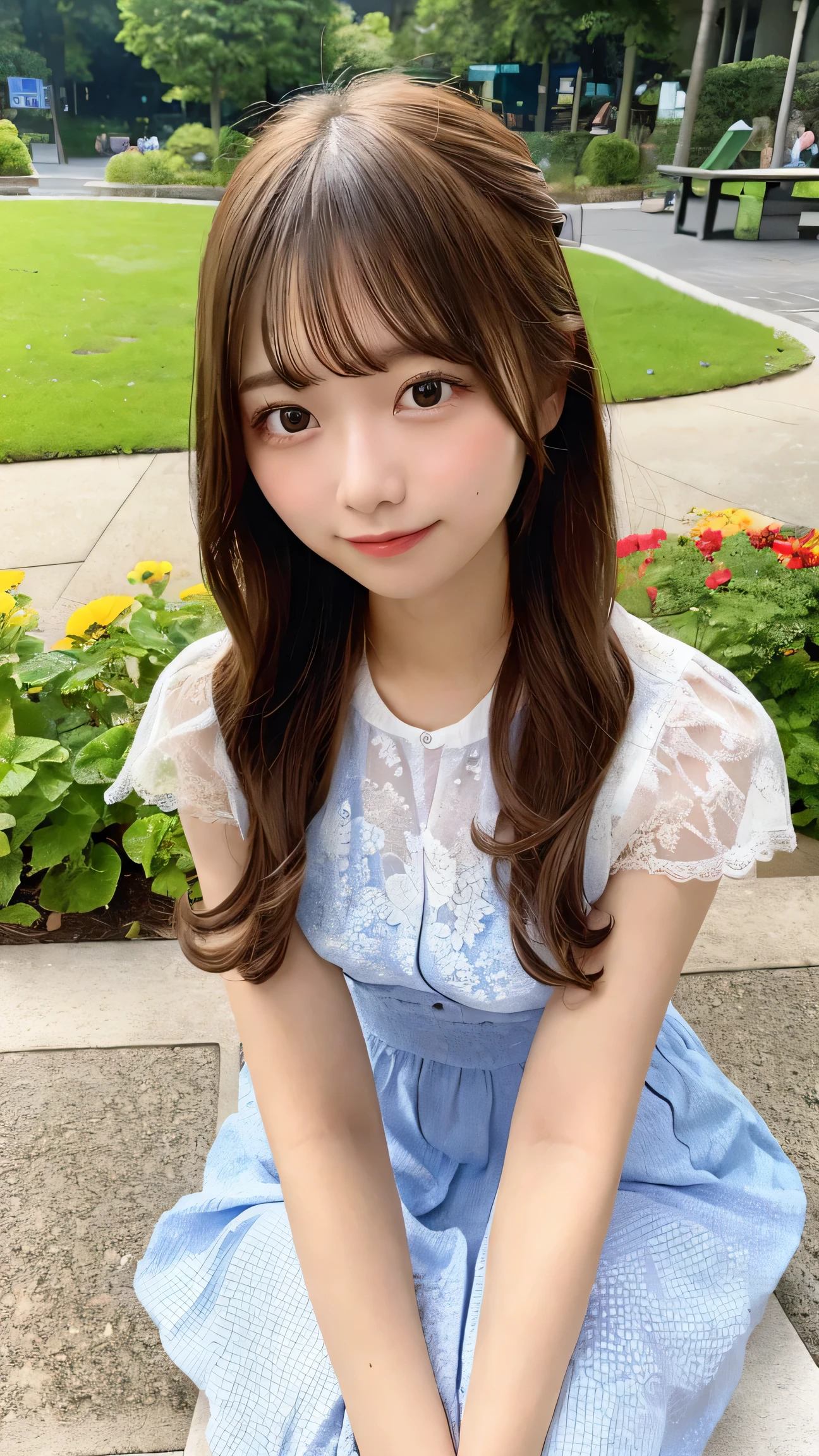 masterpiece, best quality, 1girl, sitting on park bench, long hair, summer dress, natural light, serene expression, flower garden, detailed background