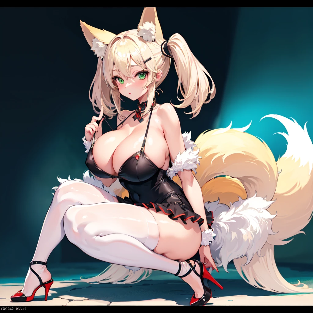 masterpiece, best quality, finely detailed, 1 girl, (bishoujo), cute, (huge boobs), (cleavage), fox ears, fox girl, platinum blonde hair, green eyes, twin tails, heels, full body, hairpins