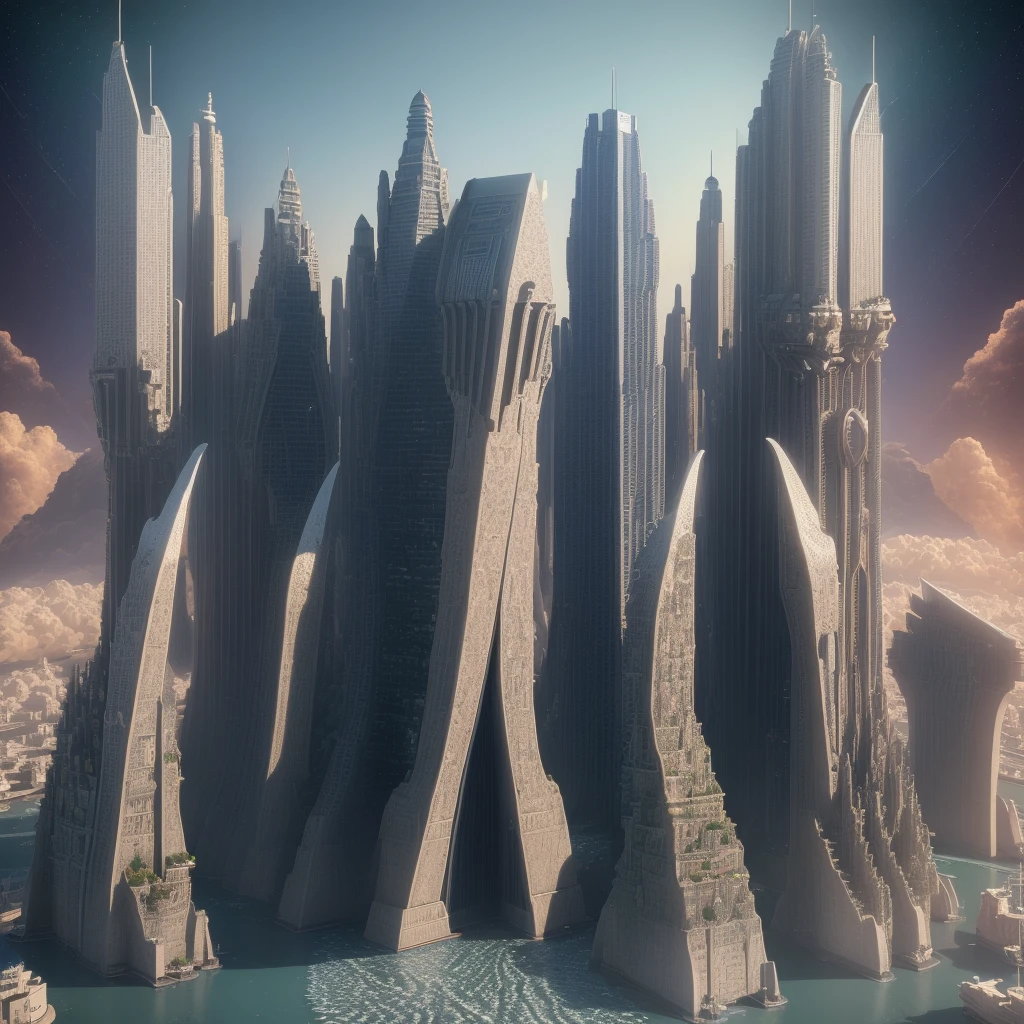 (high quality,Masterpiece,Extremely detailed,3d,8k:1.2) ,Future City,Surreal,Several warships in the air