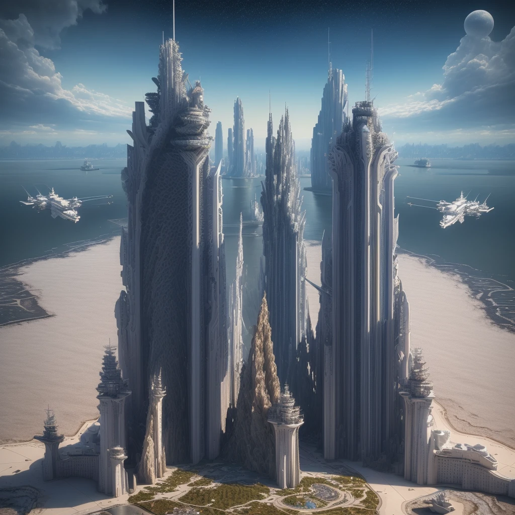 (high quality,Masterpiece,Extremely detailed,3d,8k:1.2) ,Future City,Surreal,Several warships in the air