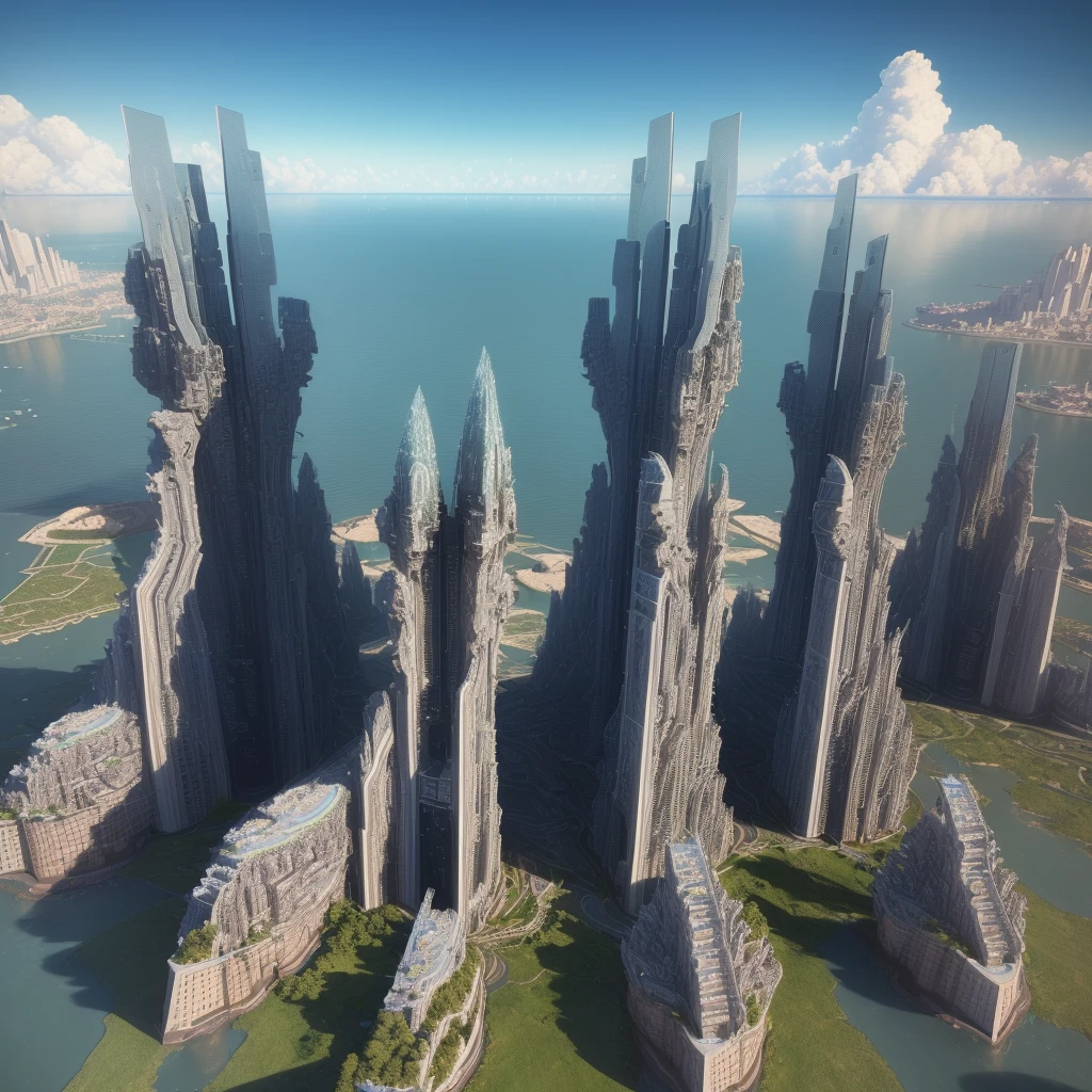 (high quality，Masterpiece，Extremely detailed，3d，8k:1.2) ，Future City，Surreal，Several warships in the air