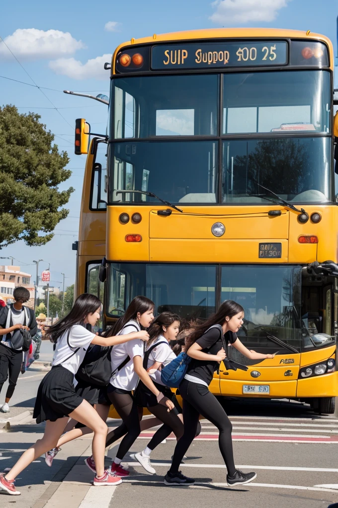 A bus was stopped at a bus stop, but it left and high school students chased after it.