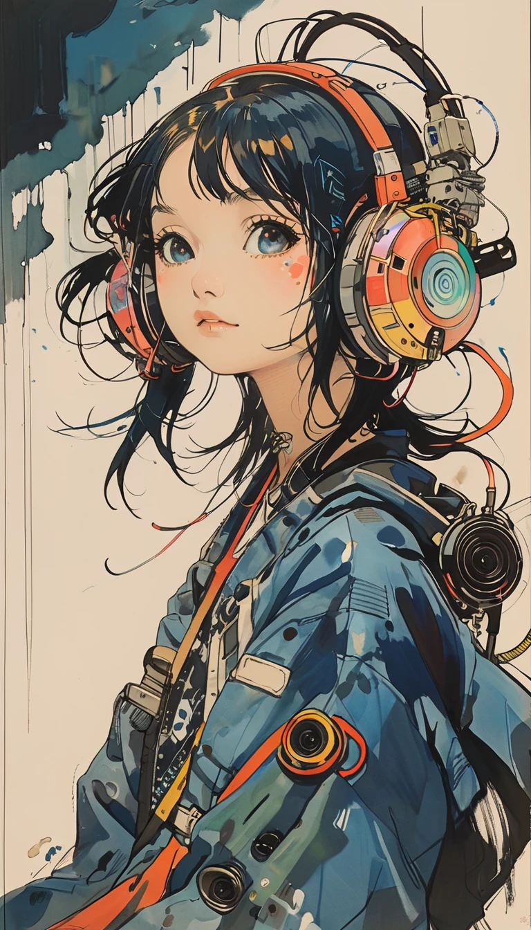 sketch、The Style of Kawanabe Kyosai、Girl、Headphones、Look Up、cyber punk