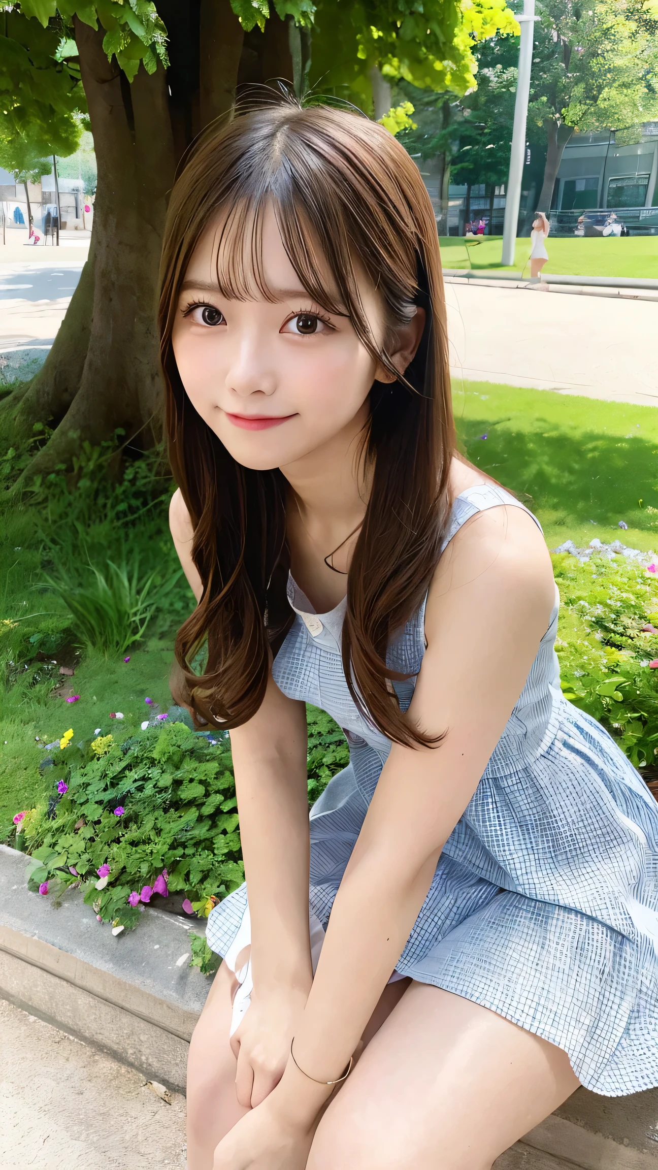 masterpiece, best quality, 1girl, sitting on park bench, long hair, summer dress, natural light, serene expression, flower garden, detailed background
