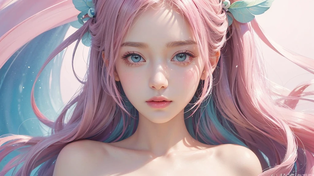 ((masterpiece)). This work is dreamy and fantastical., Soft pink watercolor shades. Generates delicate magical women exploring the bubble gum world in a variety of pastel colors. Her sweet face is extremely detailed and realistic with elegant, Mature features, Puffy, Big lips and stunning, Extremely realistic eyes. Her eyes are important、Be realistic, Very detailed, And it&#39;s beautiful. High resolution and detail, Include many details like stars, Milky Way, Colorful bubbles, Colorful petals, And a lot of energy and emotion! Stars and colorful bubblegum bubbles are important! Include fantasy details, Enhanced Details, iris, Colorful sparkling wind, And pollen. Pay special attention to her face、Make sure it&#39;s beautiful and realistic in detail。. The image is dreamy、It has to be fantastical..8k, Complex, elegant, Very detailed, Majestic, Digital photography