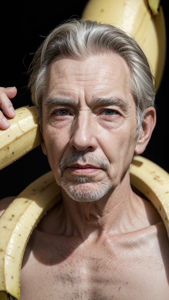 Create an 8k image of sexy 80 year old men holding a large banana