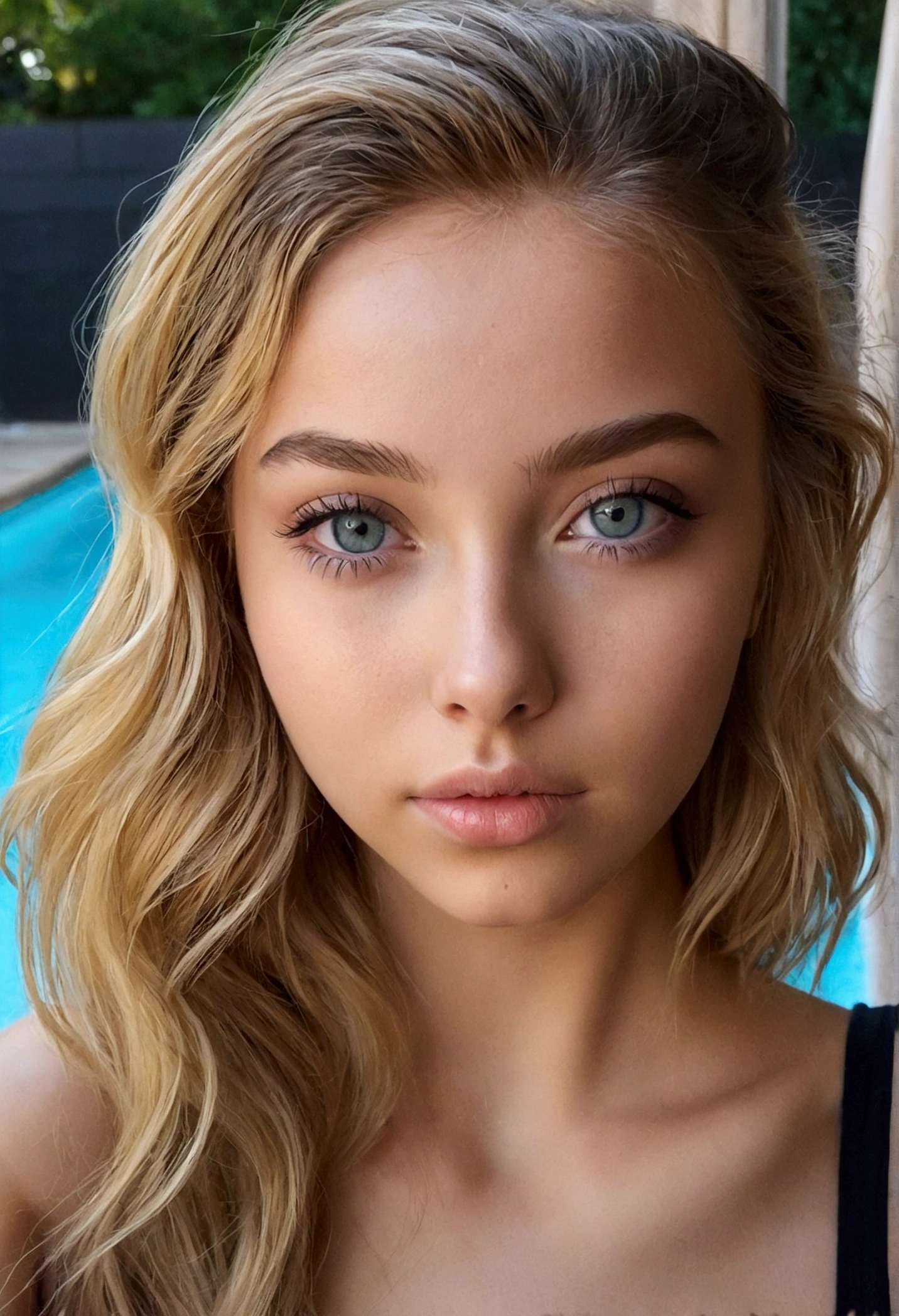 femme de 23 ans, cheveux longs blonde peu bouclés, yeux marron, visage avec un tout petit peu d'imperfection, maquillage professionnel comme modèle, avec le visage bien dégagé et le plus humain possible Fille sexy aux yeux verts ultra réalistes, minutieusement détaillé, Portrait de Sophie Mudd, cheveux noirs et grands yeux, Selfie d'une jeune femme, Yeux de chambre, Violette Myers, sans maquillage, maquillage naturel, Regarder au loin, Visage avec Art gram, Maquillage subtil, Superbe photo de tout le corps debout devant une piscine Buste de taille moyenne à grande belle forme big ass