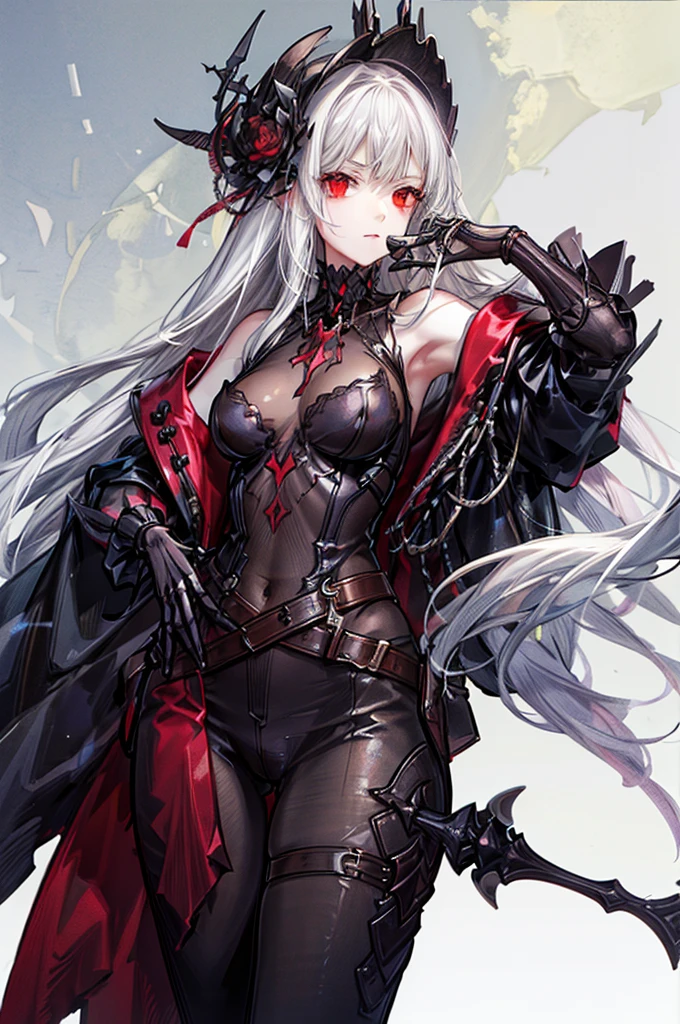 Anime girl, white hair, ((white skeleton)), red flower, illustration, 25 year old, bone, skull, ((bust-up)), red eyes,