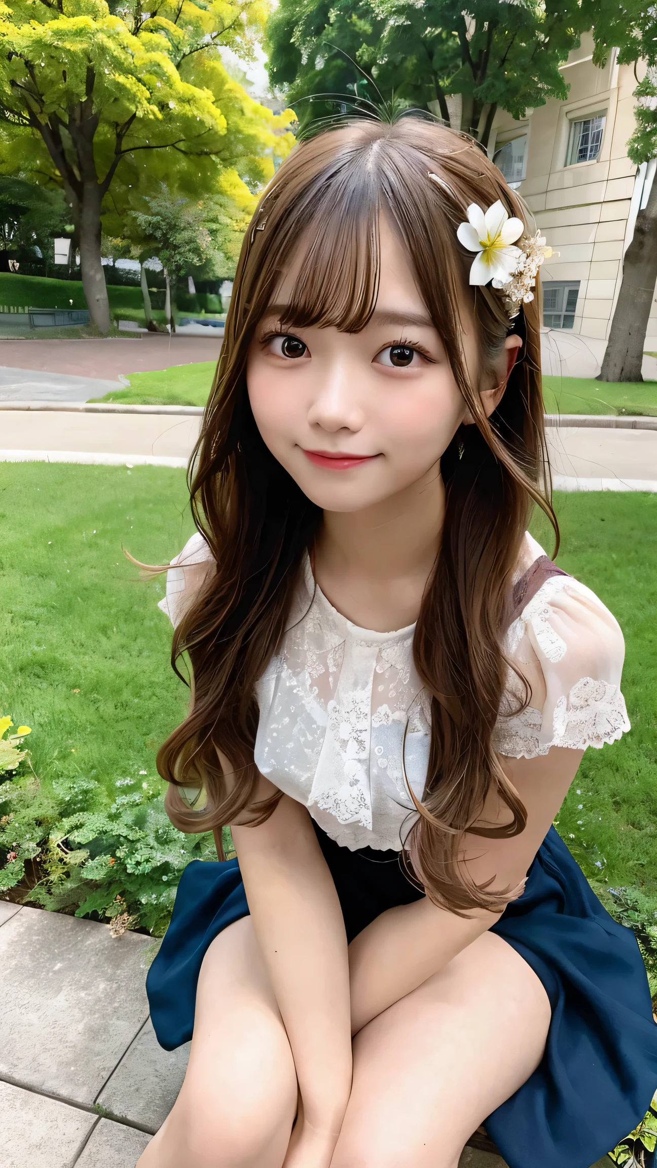 masterpiece, best quality, 1girl, sitting on park bench, long hair, summer dress, natural light, serene expression, flower garden, detailed background