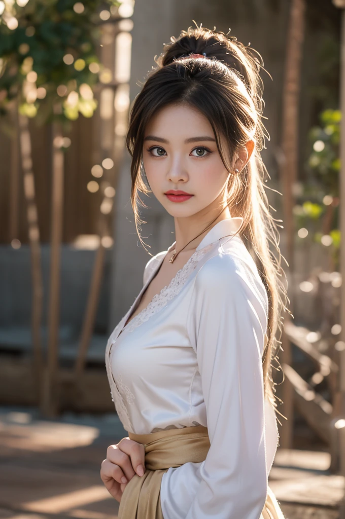 1 beautiful girl in Hanfu costume, ((white thin purple silk shirt with a lot of texture)), white lace top, long purple platinum ponytail Hair, Jewelry, ear jewelry, necklaces and necklaces, carefully drawn big purple eyes, makeup careful, thin eyebrows, high nose, beautiful red lips, no smile, pursed lips, rosy cheeks, wide breasts, big breasts, proportional breasts, slim waist, purple fishnet socks, chinese hanfu style, fictional art texture, colorful bright and realistic, RAW Photo, Realistic Photo, ultra high quality 8k surreal photo, (effective fantasy light effect: 1.8), 10x pixels, magical effect (Background): 1.8), ultradetailed eyes, full body portrait of girl , Chinese royal garden background, dynamic pose