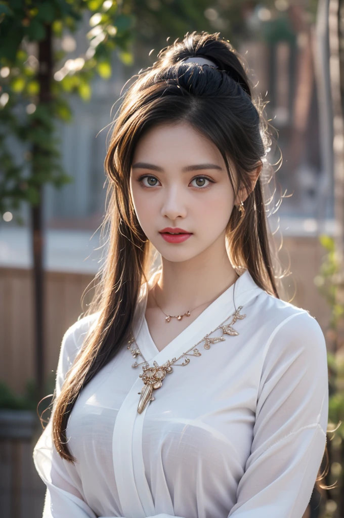 1 beautiful girl in Hanfu costume, ((white thin purple silk shirt with a lot of texture)), white lace top, long purple platinum ponytail Hair, Jewelry, ear jewelry, necklaces and necklaces, carefully drawn big purple eyes, makeup careful, thin eyebrows, high nose, beautiful red lips, no smile, pursed lips, rosy cheeks, wide breasts, big breasts, proportional breasts, slim waist, purple fishnet socks, chinese hanfu style, fictional art texture, colorful bright and realistic, RAW Photo, Realistic Photo, ultra high quality 8k surreal photo, (effective fantasy light effect: 1.8), 10x pixels, magical effect (Background): 1.8), ultradetailed eyes, full body portrait of girl , Chinese royal garden background, dynamic pose