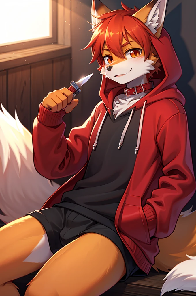 fox boy,Red collar,4K resolution,Boy in hoodie with knife in hand,cool,Red hoodie